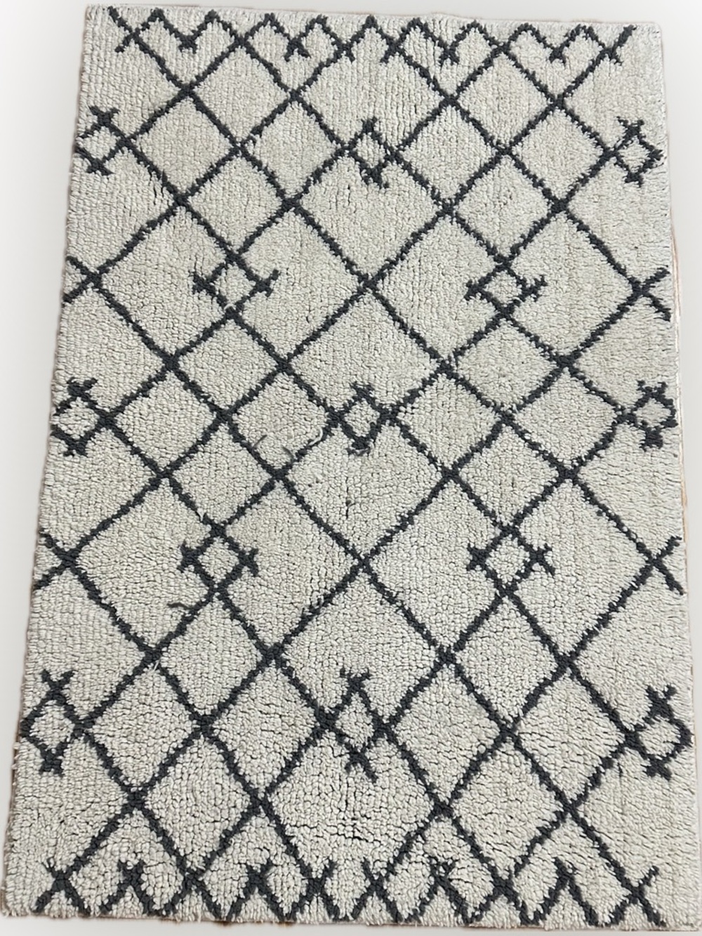 3.75’x2.5’ NEUTRAL IVORY WHITE CHARCOAL BLACK DIAMOND CHECK ENTRY FLOOR AREA RUG